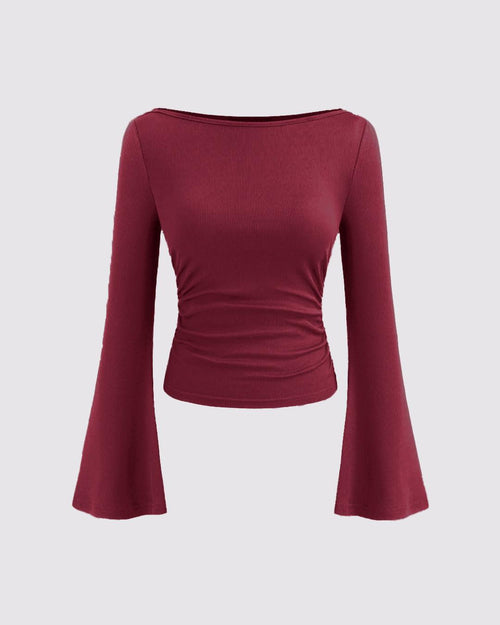 Front view of Cherry red boat neck top with long bell sleeves and ruched detailing, perfect for stylish and comfortable wear