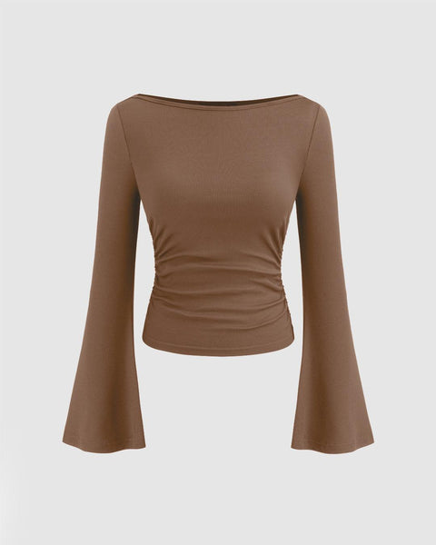 brown boat neck top with long bell sleeves and ruched detailing, perfect for stylish and comfortable wear