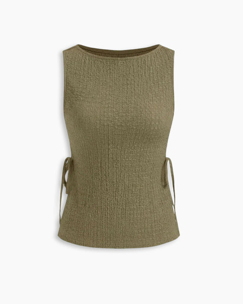 Boat Neck Texture Knotted Split Tank Top in Green Front View for Women | Littlebox India