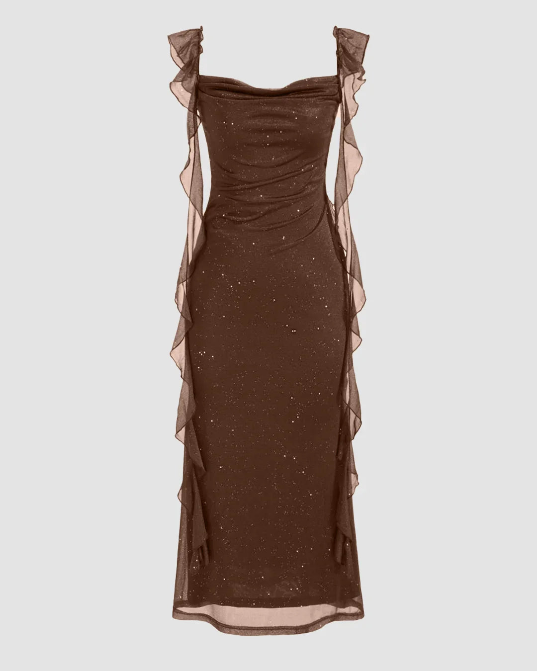 Brown Ruched Ruffle Mesh Bodycon Midi Dress Littlebox India Brown Ruched Ruffle Mesh Bodycon Midi Dress Littlebox India