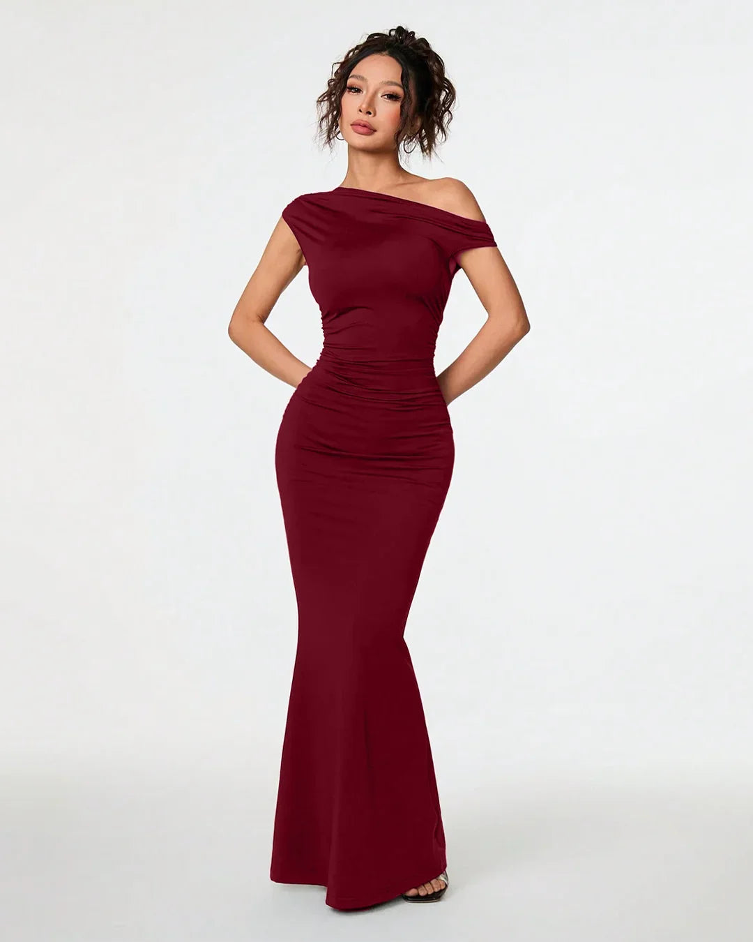 Burgundy Asymmetrical Neck Bodycon Maxi Dress Littlebox India Burgundy Asymmetrical Neck Bodycon Maxi Dress Littlebox India