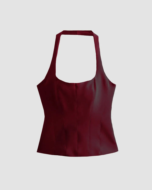 Burgundy Halter Neck Corset Top Front View For Women | Littlebox India