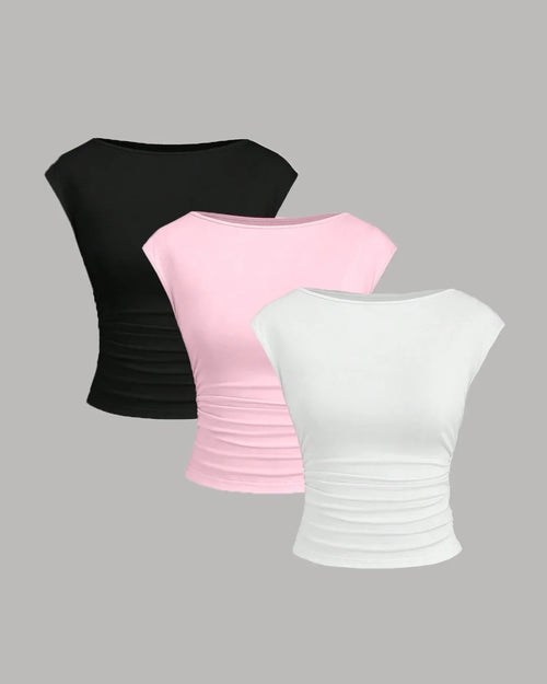 Front view of Women’s cap sleeve tops in black, pink and white with fitted silhouette, soft stretch fabric and ruched sides for everyday wear