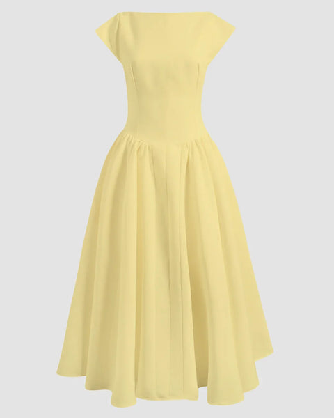 Cap Sleeve Fit & Flare A-Line Midi Dress in Vanilla