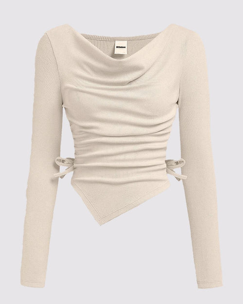 Front view of White cowl neck top with cinched waist and asymmetrical long sleeves, made from soft, lightweight fabric