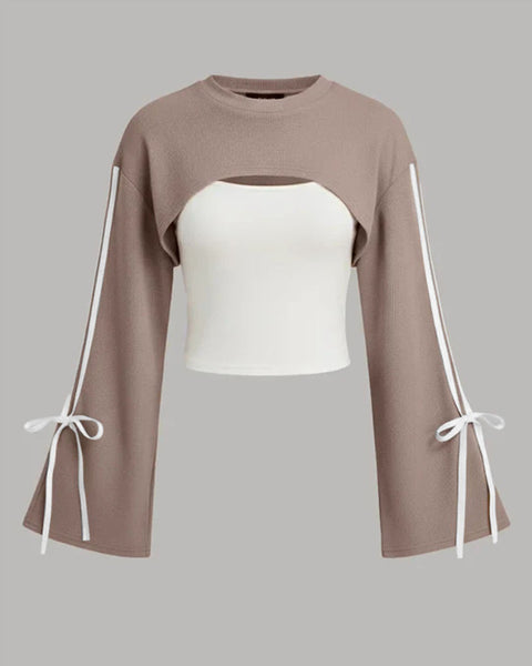 Casual Cut-Out Round Neck Full Sleeve Top in Mocha Brown and Classic White Front View for Women | Littlebox India