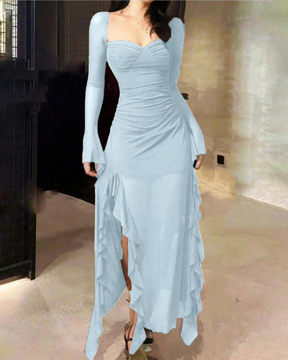 Casual Long Sleeve Ruffle Hem Dress In Dusty Blue