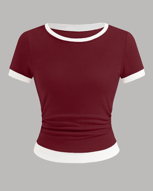Casual Slim Fit Maroon and White Tee with Contrast Hem
