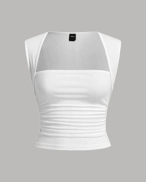 Front view of Square neck top in white with structured shoulders, ruched waist detail and smooth fitted silhouette
