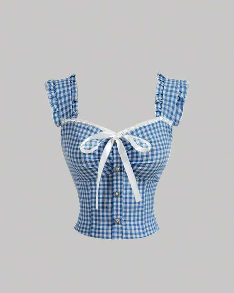 Front view of Blue gingham sleeveless crop top with wide straps, front tie-up detail, and fitted waist.
