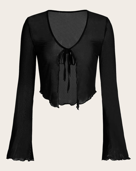Front view of Black top with sheer long sleeves, featuring a cropped tie front and shirred mesh design, reflecting Y2K fashion style
