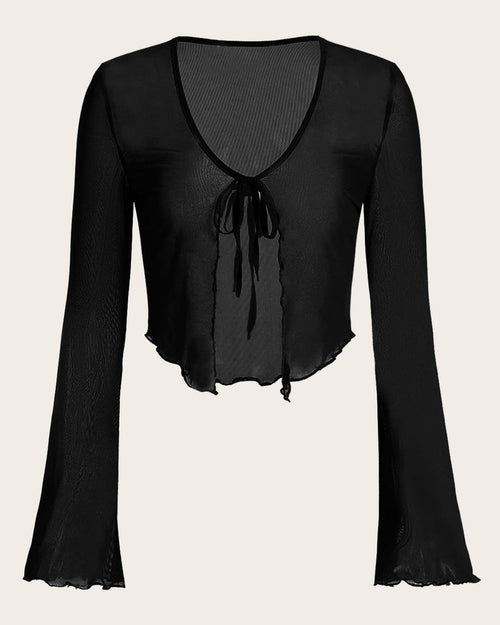 Front view of Black top with sheer long sleeves, featuring a cropped tie front and shirred mesh design, reflecting Y2K fashion style