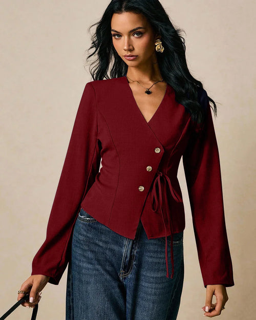 Front view of Stylish women’s wrap top with deep V neckline, long sleeves and side tie detail for a flattering everyday fit.