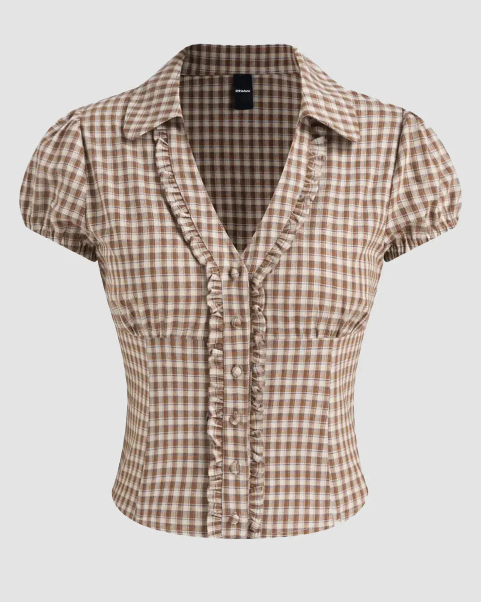XS Checkered Collared Button Down Short Sleeve Top - Image 2