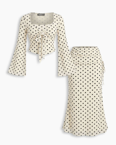 Classic White Polka Dot Twist Front Flare Sleeve Top And Mermaid Tail Skirt Set Curve and Plus Front View for Women | Littlebox India