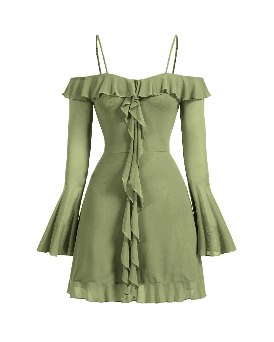 Cold Shoulder Ruffle Trim Flounce Sleeve Dress in Herbal Green