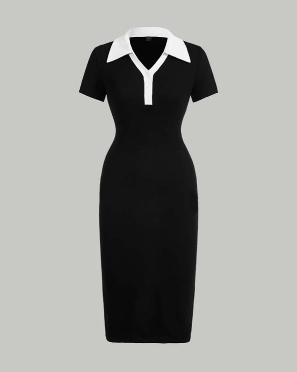 Contrast Collar Button Front Bodycon Dress In Black