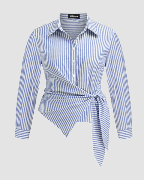 Collar Stripe Knotted Long Sleeve top Curve & Plus Front View for Women | Littlebox India