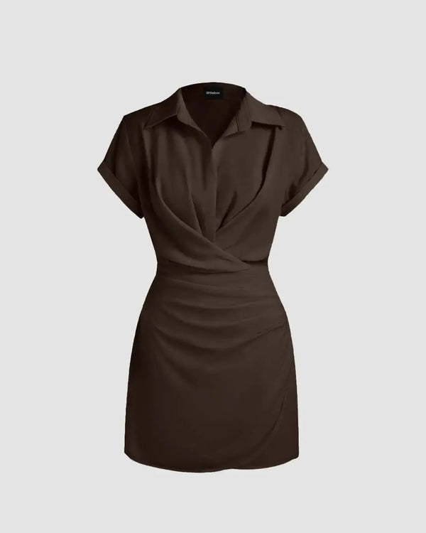 collar wrap buckle mini dress Collar Wrap Buckle Dark Brown Mini Dress