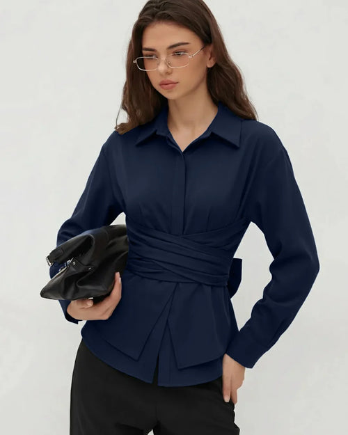 Women wearing Navy blue collar wrap top with ruched waist and bowknot detail, long sleeves and tailored silhouette