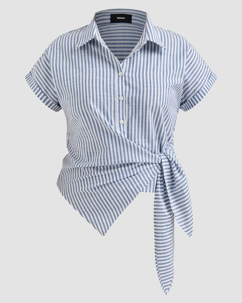 Front view of striped top with short sleeves, button front and side tie knot detail for a stylish fit.