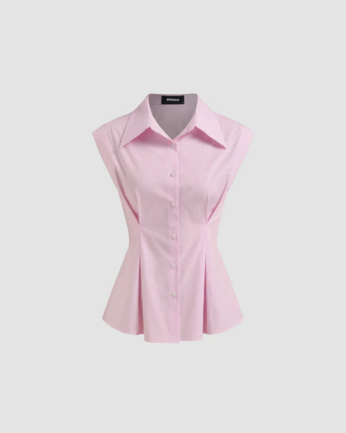 Front view of Pink sleeveless collared peplum shirt featuring a stylish people neckline.