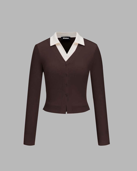Women's chocolate brown cardigan sweater with a white collar, featuring patchy embroidery and long sleeves