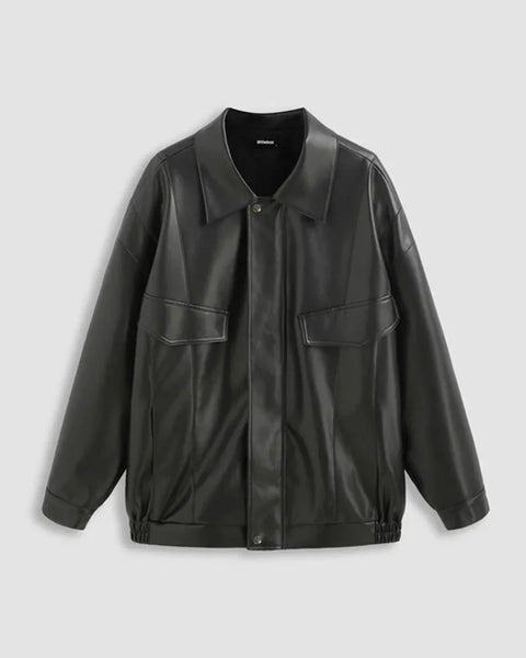 Front View of Black collared zip up jacket with smooth leather-look finish, long sleeves, front pockets, and relaxed fit for casual wear.