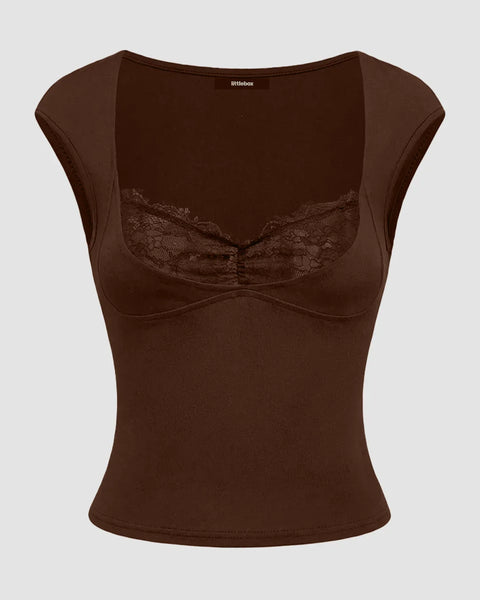 Front view of Women’s brown fitted bodycon top featuring contrast lace detailing and a ruched waist for a sleek, feminine silhouette.