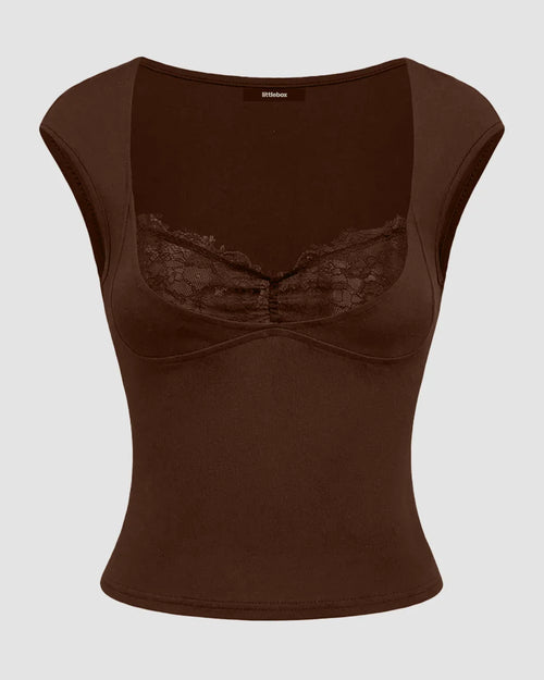 Front view of Women’s brown fitted bodycon top featuring contrast lace detailing and a ruched waist for a sleek, feminine silhouette.