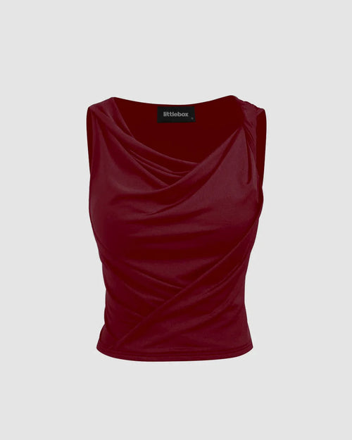 Front view of Women's burgundy crop tank top featuring a stylish draped cowl neckline and knotted detail