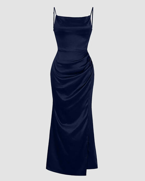 Cowl Neck Ruched Slit Sleeveless Satin Maxi Dress in Navy Blue Front View for Women | Littlebox India