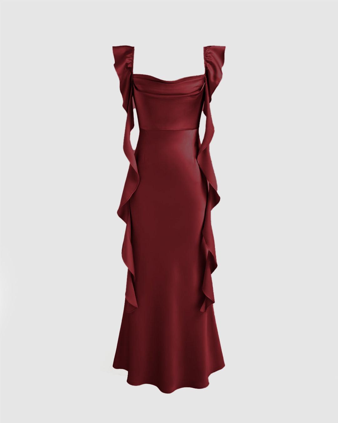 Cowl Neck Ruffle Maxi Dress In Cherry Red - Littlebox India Cowl Neck Ruffle Maxi Dress In Cherry Red - Littlebox India
