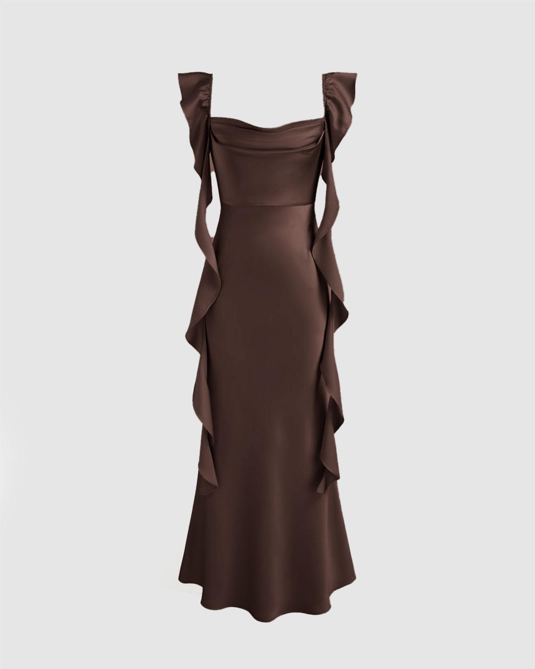 Cowl Neck Ruffle Satin Maxi Dress In Brown - Littlebox India Cowl Neck Ruffle Satin Maxi Dress In Brown - Littlebox India