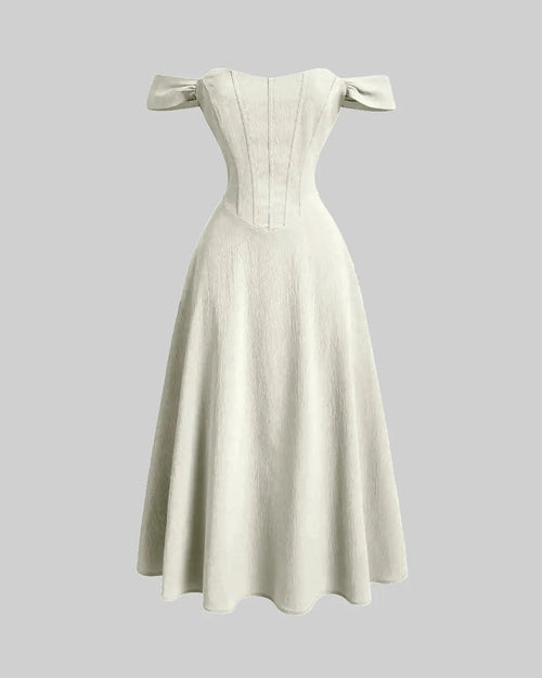 Front view of cream off shoulder midi dress with structured bodice and flared skirt, elegant white off the shoulder dress.