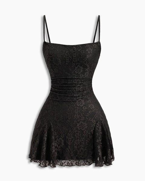 Floral Textured Spaghetti Bodycon Mini Dress in Black