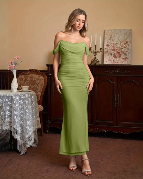 Off Shoulder Mermaid Slim Fit Straight Hem Solid Midi Dress in Green