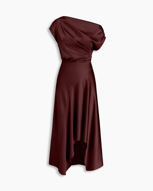 Asymmetrical Boat Neck Ruffle Maxi Dress In Deep Maroon