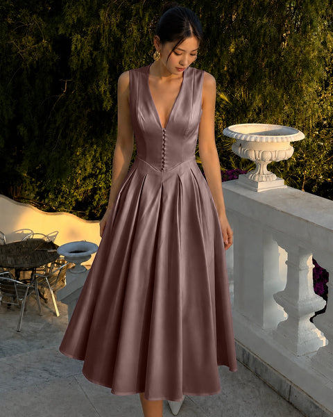 Sleeveless V Neck Satin Midi Dress in Lilac