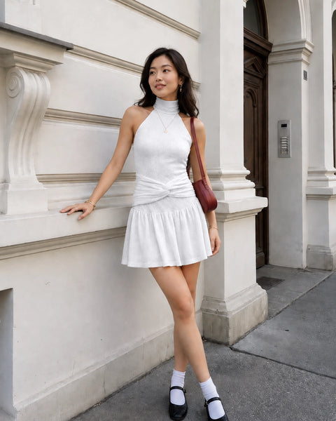 Twist Waist Halter Neck Mini Dress in Classic White