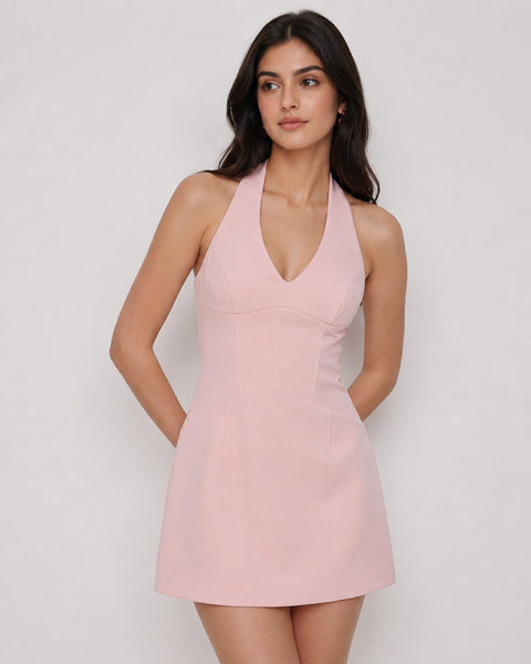 Halter Neck Fitted Mini Dress in Powder Pink