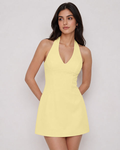 Halter Neck Fitted Mini Dress in Vanilla