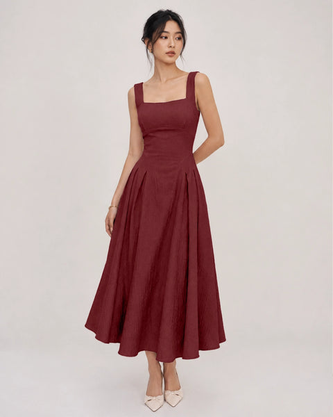 Square Neck Ruched Waist A-Line Midi Dress in Burgundy