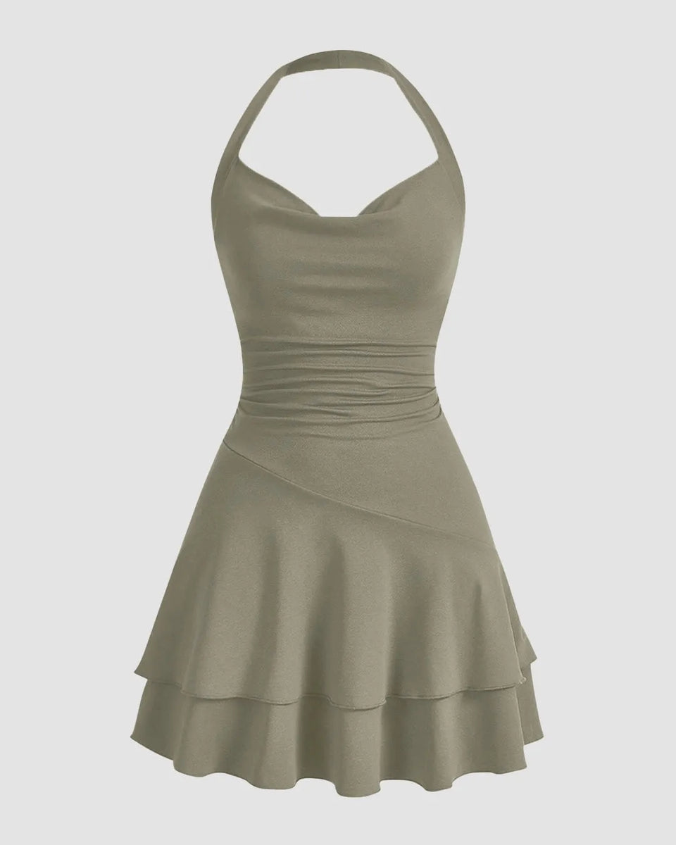 Floral Halter Double Layer Ruffle Mini Dress-Cream