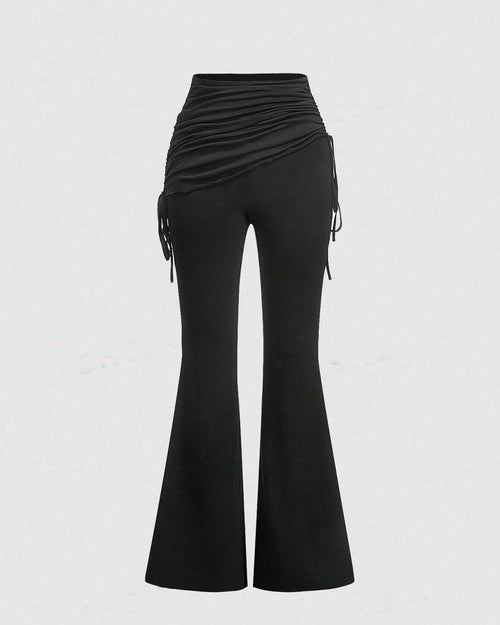 Drawstring Side Flare Leg Pants In Black Front View for Women | Littlebox India