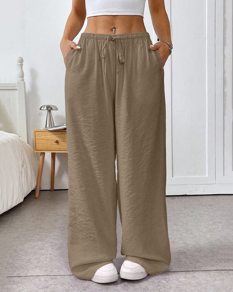 Drawstring Waist Loose Pocket Pants in Brown Front View For Women | Littlebox India