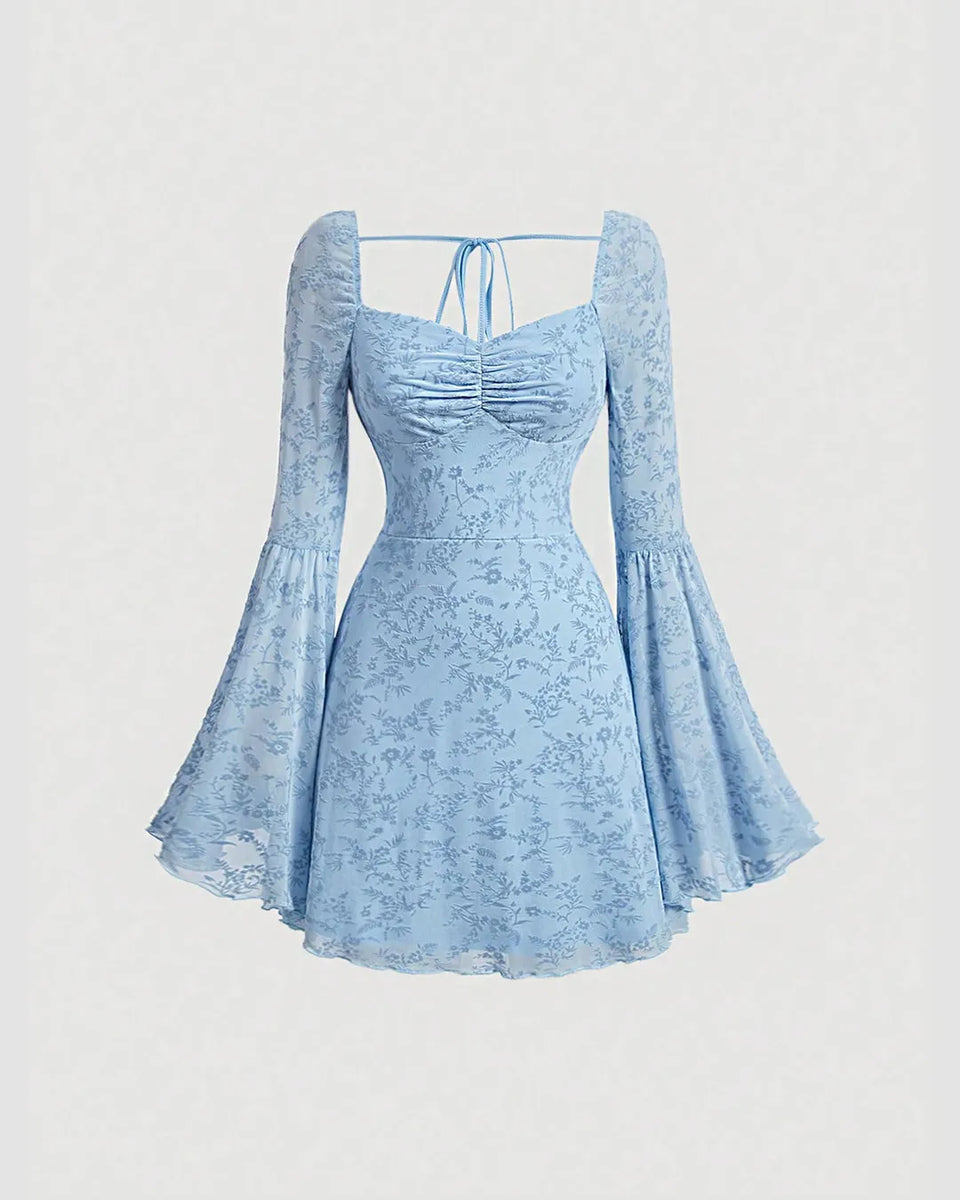 Dusty Blue Lace Flare Sleeve Mini Dress with Ruched Front