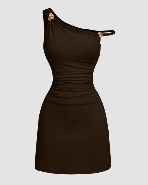 Front view of brown colour dress with one shoulder design, ruched bodycon fit and sleek mini silhouette
