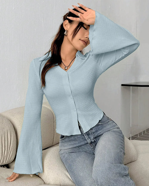 Front view of Sky blue top with ribbed texture, button-down front and flared long sleeves offering a soft fitted silhouette for casual wear