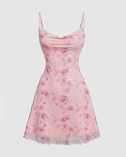 Pink floral spaghetti strap mini dress with draped neckline, fitted bodice, and sheer layered hem, shown front and back.